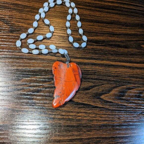 Carved Red Leaf Pendant and Blue Bead Necklace - Picture 3 of 3